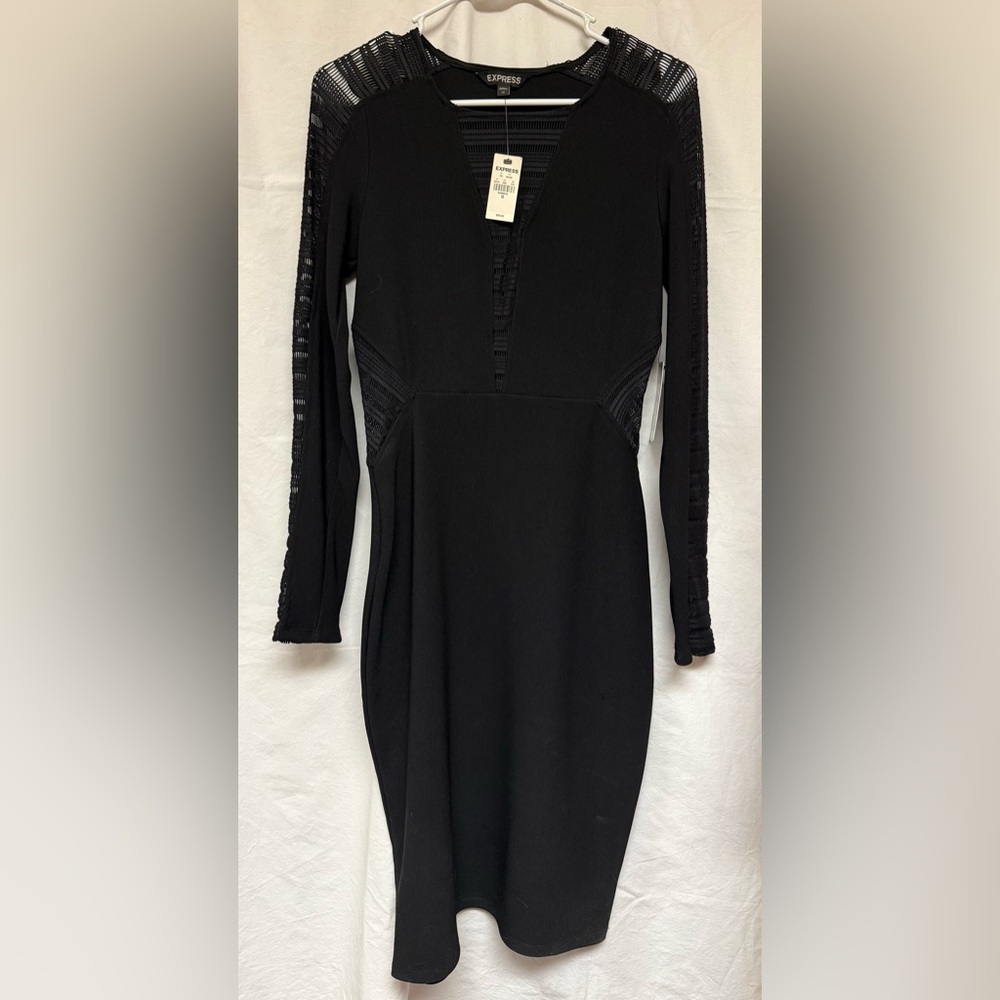 Express Black Long Sleeve Mesh-Inset Bodycon Dress